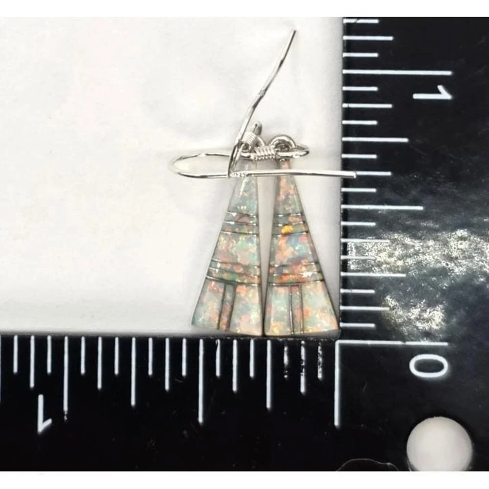 Fire Opal Dangle Earrings Sterling Silver Inlays Triangles Handmade 18.7mm NEW